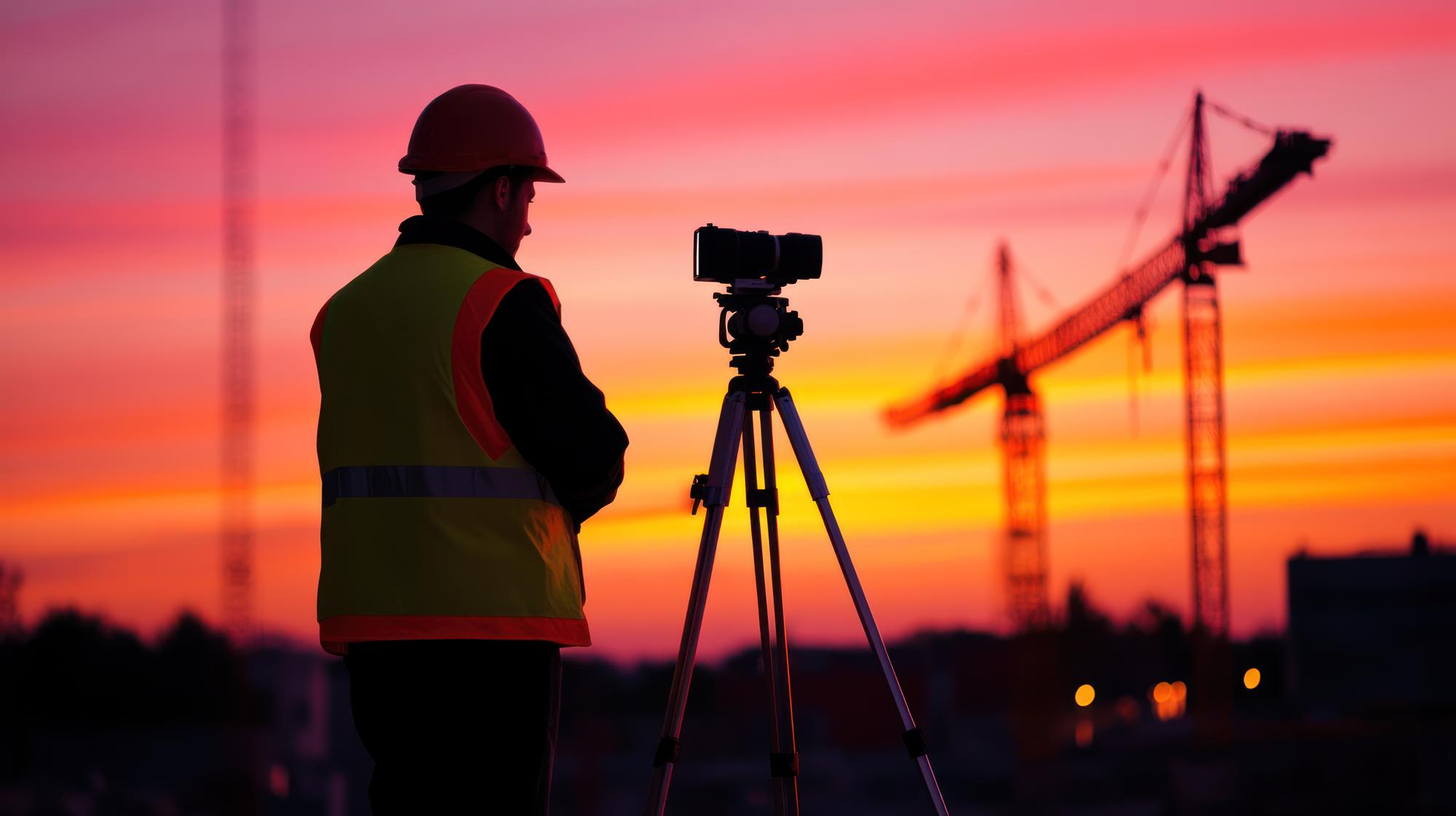 Photographer capturing a construction site at sunset