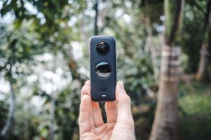 Person holding a 360-degree panoramic camera
